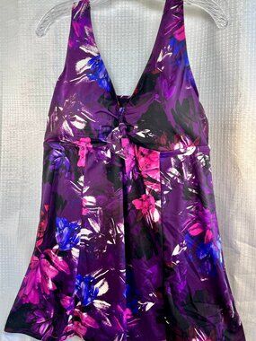 Swimsuits For All Tie-Front V-Neck Swimdress Multicolor 18-20
